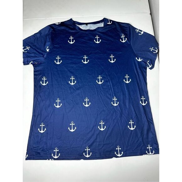 unbranded Tops - Women Round Neck Anchor Print Short Sleeve T-Shirt Blue White Size 2XL